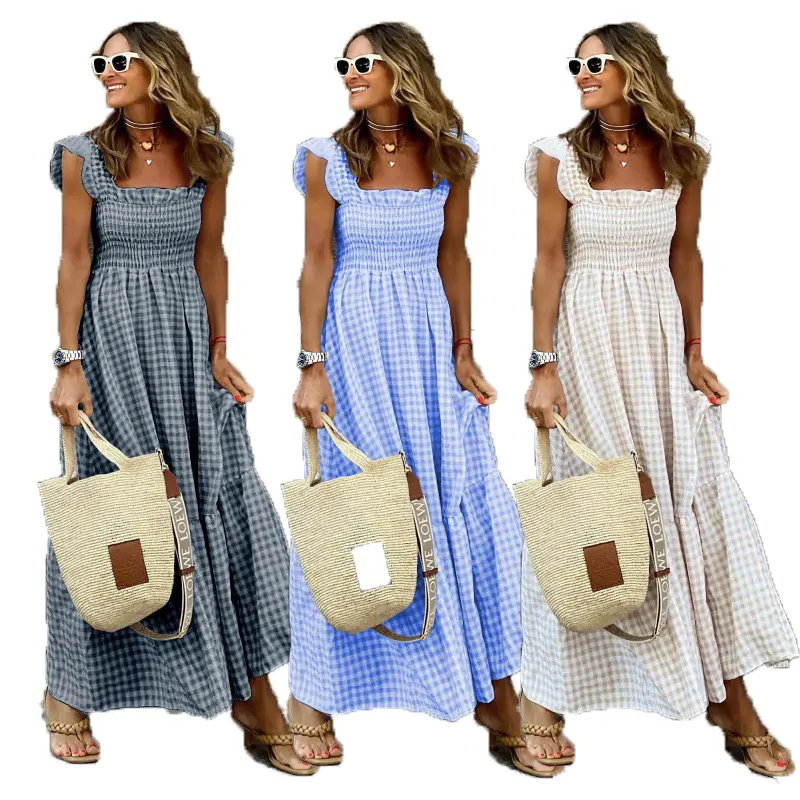 Summer Sleeveless Gingham Dress for Women Square Ruffle Strap Smocked Waist Flowy Tiered Maxi Dress Casual Vacation Beach Sundress Daily Holiday Outfit Style Womenswear