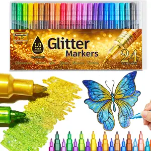 Glitter Markers Pen, 24 Glitter Colors Paint Pens Sparkly Metallic Shimmer Art Pen Acrylic Marker Fine Point Tip 1mm Water-based Ink for Adults DIY Crafts Greeting Birthday Cards