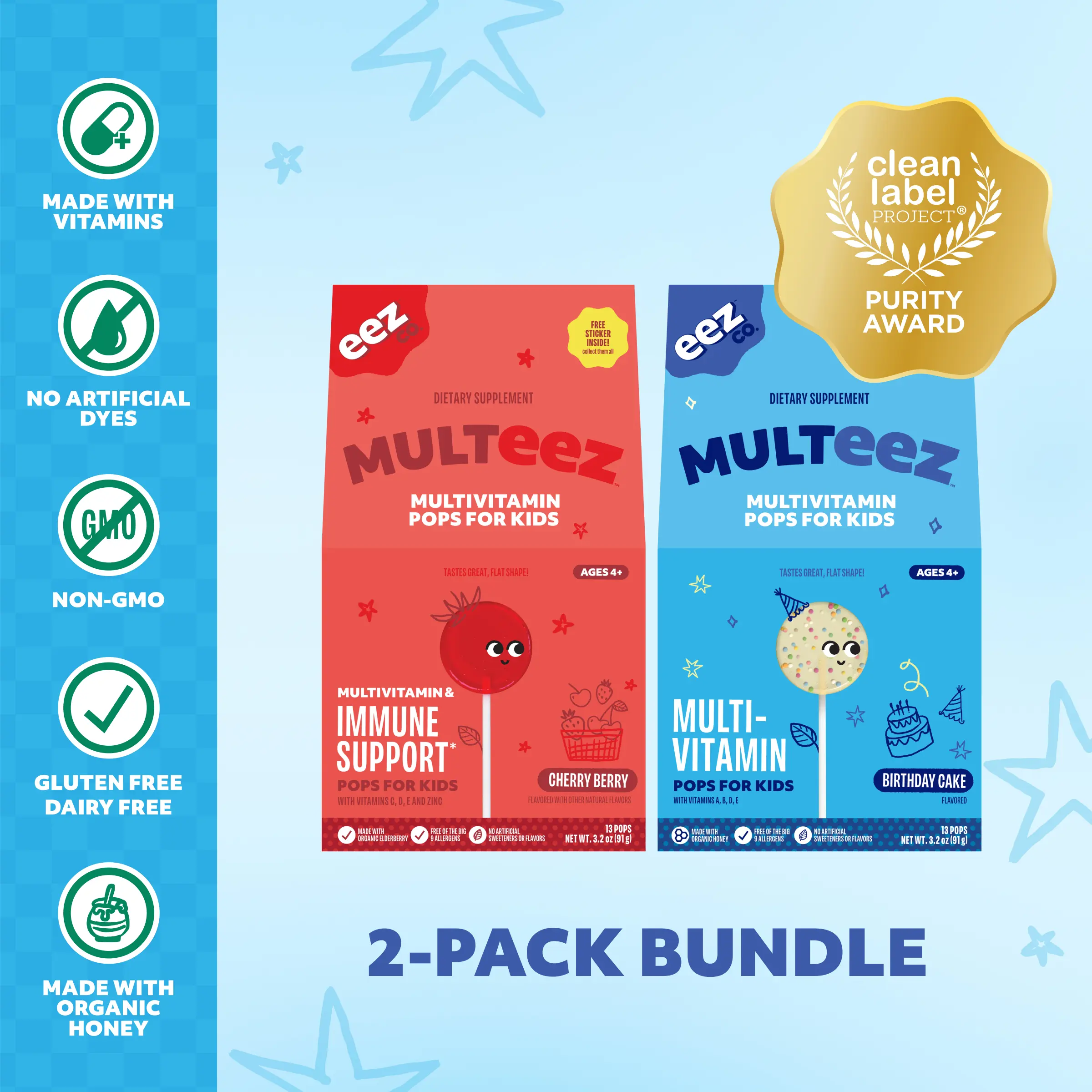 Kids Multivitamin Bundle (2-pack) - Clean Label Project Certified, Non-GMO, Gluten-Free, Dairy-Free Multeez Daily Multivitamin Lollipops with Vitamin A, Vitamin B, Vitamin D, Vitamin E, and Zinc