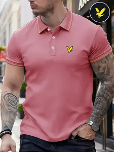 Men's Classic Casual Polo Shirt, Comfortable Micro-Elastic Straight Fit, Trim Design, Embroidered Bird Pattern, Summer Sportswear