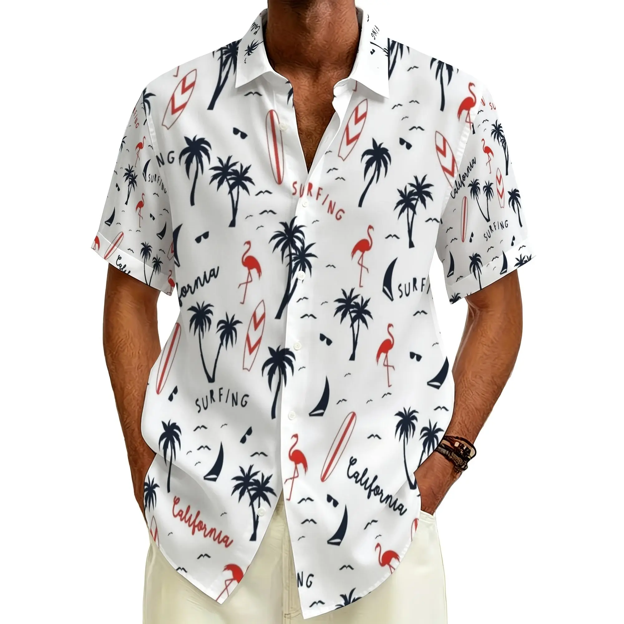 Men's White Retro Surf Style Polyester Blend Short Sleeve Button Down Shirt - California Surf, Flamingo, Palm Tree, Surfboard Print - Summer Beach, Casual Outings Top, Personalized