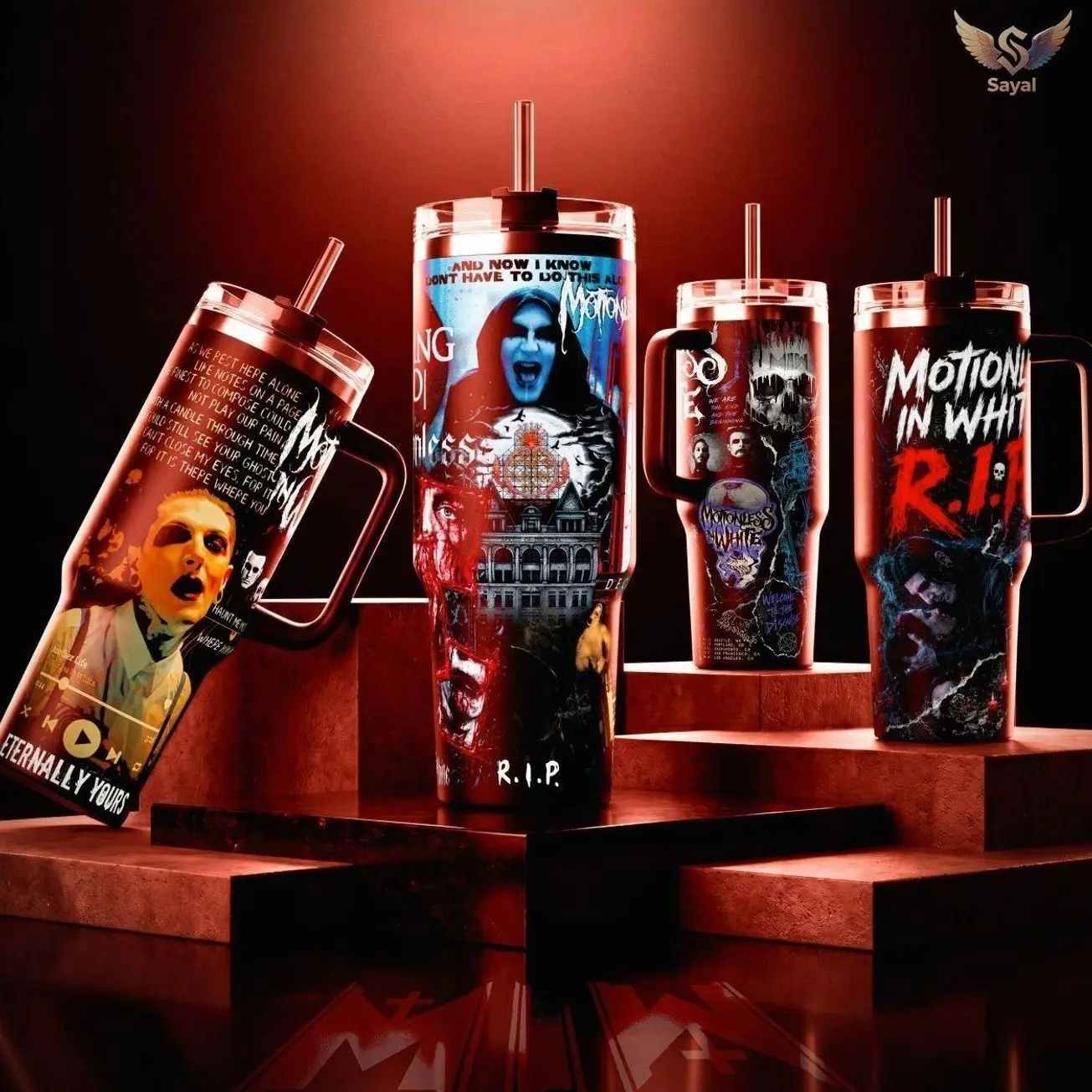 Motionless In White MIW Eternally Yours Decades Album R.I.P 40 oz Vacuum Insulated Tumbler Handle Straw Haunt Me Most Lyrics Graphic Keeps Drinks Hot/Cold 12H 18/8 Stainless Steel Travel Mug Metal Fans Alternative Aesthetic