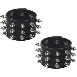 Punk Leather Spike Rivet Bracelets Set Faux Studded Cuff Bangle Goth Black Wristband Strap for Men Women Biker Halloween Party Deco