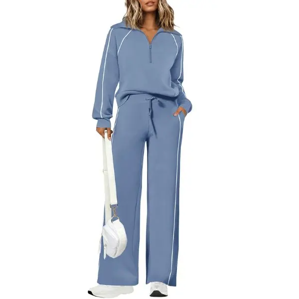 Fisoew Women's Chocolate Style 2-Piece Loungewear Set - Adjustable Half-Zip Collared Long Sleeve Top & Lightweight Drawstring Wide Leg Trouser Casual Tracksuit, Knit