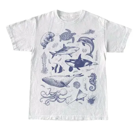 Men's Vintage 90s Retro Ocean Theme Sea Animal Graphic Soft Cotton All Seasons T-Shirt - Crew Neck, Short-Sleeves, Relaxed Fit, Handmade Streetwear Top for Casual Hangouts, Machine Washable, Cold Wash Only, Do Not Dry Clean