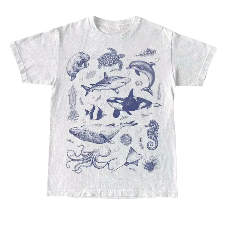 Men's Vintage 90s Retro Ocean Theme Sea Animal Graphic Soft Cotton All Seasons T-Shirt - Crew Neck, Short-Sleeves, Relaxed Fit, Handmade Streetwear Top for Casual Hangouts, Machine Washable, Cold Wash Only, Do Not Dry Clean