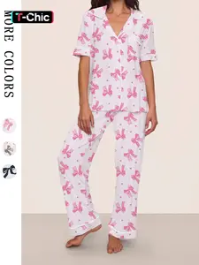 Women's Leopard Print Fitted Pajama Set with Bow Tie, Short Sleeve Shirt and Long Pants for All Seasons, Comfortable Casual Sleepwear