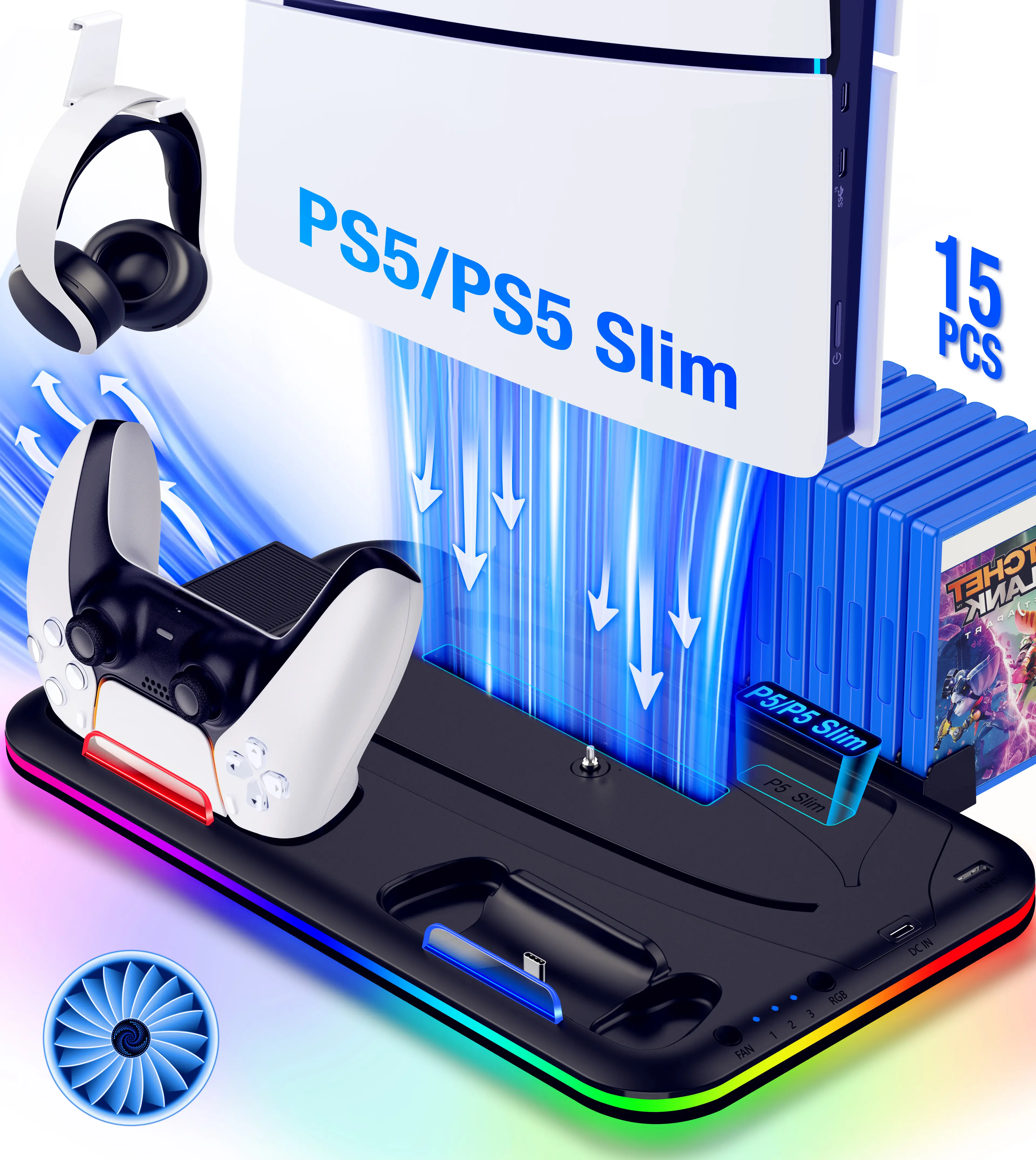 BEBONCOOL Plastic PS5 Slim Stand Cooler Complete Kit - 3-Level Low-Noise Cooling, Controller Charging Station, RGB LED Light (Multiple Modes), Headset Holder, 15 Game Slots, USB Port for PS5 Disc/Digital Consoles, Black Gaming Accessories