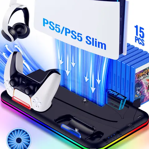 BEBONCOOL Plastic PS5 Slim Stand Cooler Complete Kit - 3-Level Low-Noise Cooling, Controller Charging Station, RGB LED Light (Multiple Modes), Headset Holder, 15 Game Slots, USB Port for PS5 Disc/Digital Consoles, Black Gaming Accessories