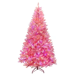 Puleo International 7.5ft Pre-Lit Evergreen Spruce Shiny Pink Tree with Dual Color LED Lights, Functions, Foot Pedal, Remote Control, and Quick Connect Pole