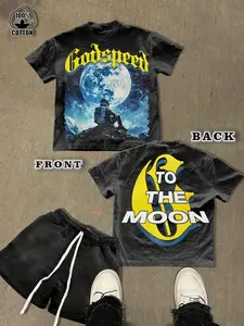 Men's Heavyweight 220gsm Cotton T-Shirt - Godspeed to the Moon Graphic Tee - Retro Space Exploration Design Loose Fit Crewneck Shirt - Vintage Streetwear for Concerts, Parties & Casual Attire - Breathable All-Season Top, Space Theme Party