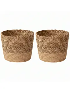 Plant Basket Set of 2, Indoor Woven Planter Baskets with Liner, Straw Weaving Flower Plant Basket Grass