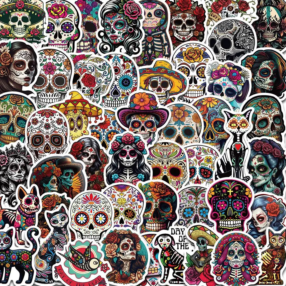 Skull & Flower Pattern Sticker, 50pcs/set Creative Sticker, Decorative Sticker for Water Bottle, Laptop, Phone Case, Scrapbooking, Journal Making, Halloween