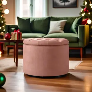 Baliaa 20'' Wide Velvet Tufted Round Storage Ottoman in Pink with Lift-Off Lid for Living Room Modern Design Comfy Home Interior