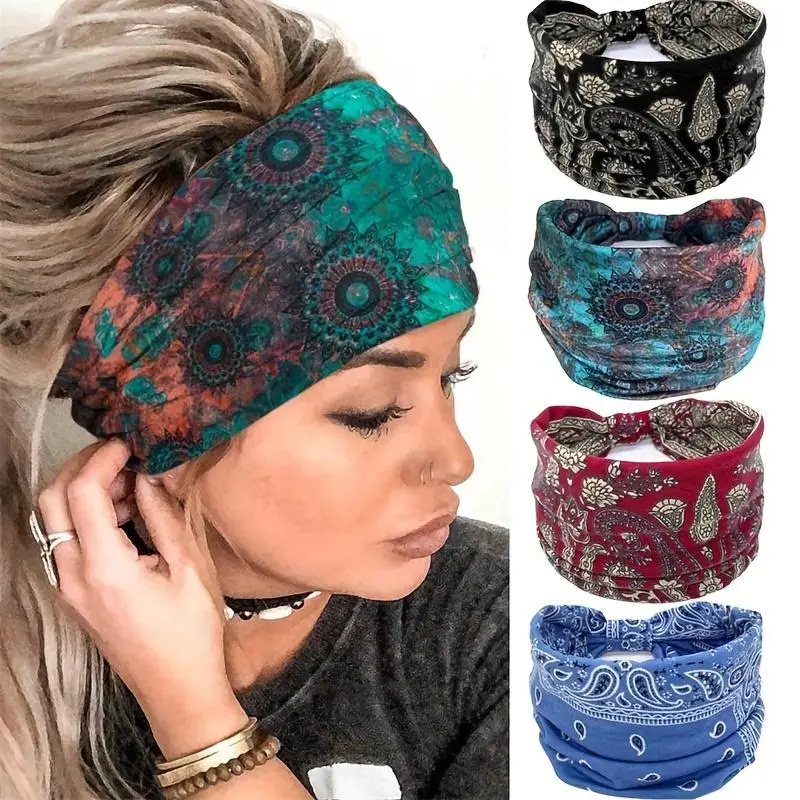 Boho Style Paisley & Mandala Pattern Tie Dye Hairband, 4 Counts/set Casual Elastic Hair Band for Women & Girls, Fashion Hair Accessories for Gym Worko