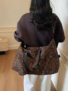 2026 New Trendy Leopard Travel Gym Bag, Casual Suede Duffel Weekender Bag, Shoulder Crossbody Luggage with Coin Purse