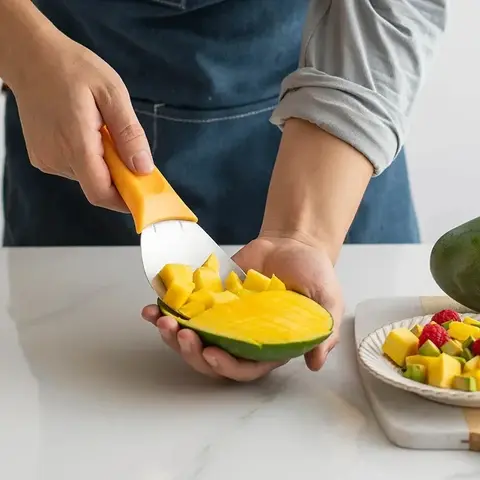 Stainless Steel Curved Fruit Knife, Mango Cutting Knife, Multifunctional Peeling Slicing Tool for Mango, Banana, Pineapple, Melon, Kitchen Fruit CutterSlicer Cutting Tool, Watermelon Cutter,Pitter and Peeler with Non-Slip Handle Kitchen Tools for papaya