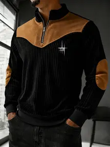 Men's Half-Zip Colorblock Long Sleeve Fitted Top, Geometric Print, Polyester Fabric, Casual Fall & Winter Wear, Daily Use