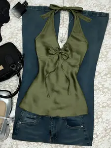 1 Piece Halter V-neck Double Tie Satin Fitted Top, Elegant Office Wear Cami