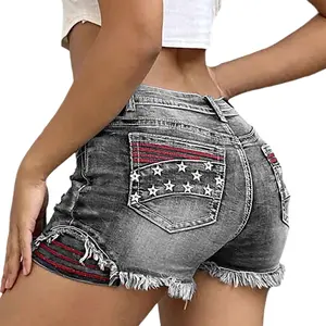 Women's Stripped Stars Embroidery Ripped Denim Shorts Mid Waisted Distressed Frayed Raw Hem Button Zipper Closure Jean Pants Casual Stretchy Fashion Summer Fall Denim Underwear with Pockets Clothes