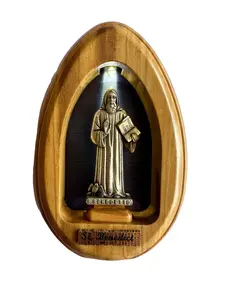 Olive Wood Niche With a Statuette of Saint Benedict with Light/Size: 4 Inches