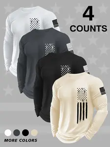 Men's American Flag Long Sleeve T-Shirt Set, Patriotic Geometric Design, Casual Fitted Style, Ideal for Independence Day & Daily Wear