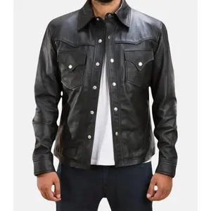 Men's Black Leather Shirt With Two Frontal Chest Pockets