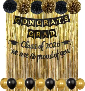 Graduation Decorations 2026 Complete Set- Class of 2026 Congrats Grad Proud of You Banners Sign Garland with Black Gold Party Supplies- Balloons, PomPoms, Foil Tinsel Backdrop Decor for School College