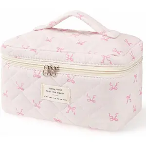 Large Travel Quilted Makeup Bag,Cute Bow Cotton cosmetic bag, Fashionable aesthetic makeup bag,Coquette Aesthetic Floral Travel Toiletry Bag for Women and Girls