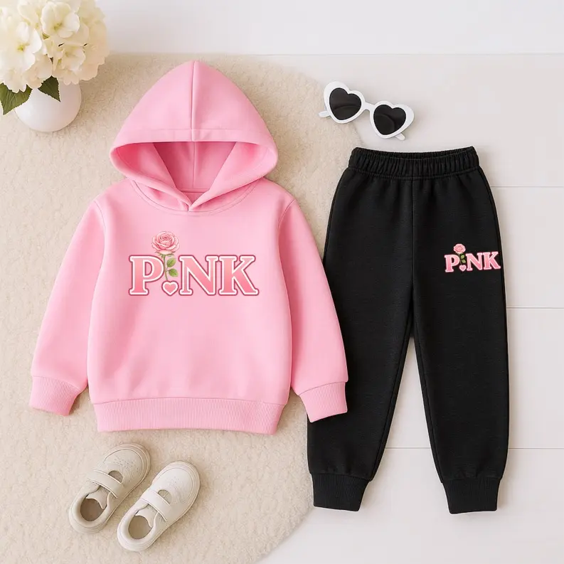 Unisex Pink Flower Print Hoodie Tracksuit Set, Fleece-Lined Sweatshirt & Joggers, Fall & Winter Casual Outfit for Indoor & Outdoor Wear