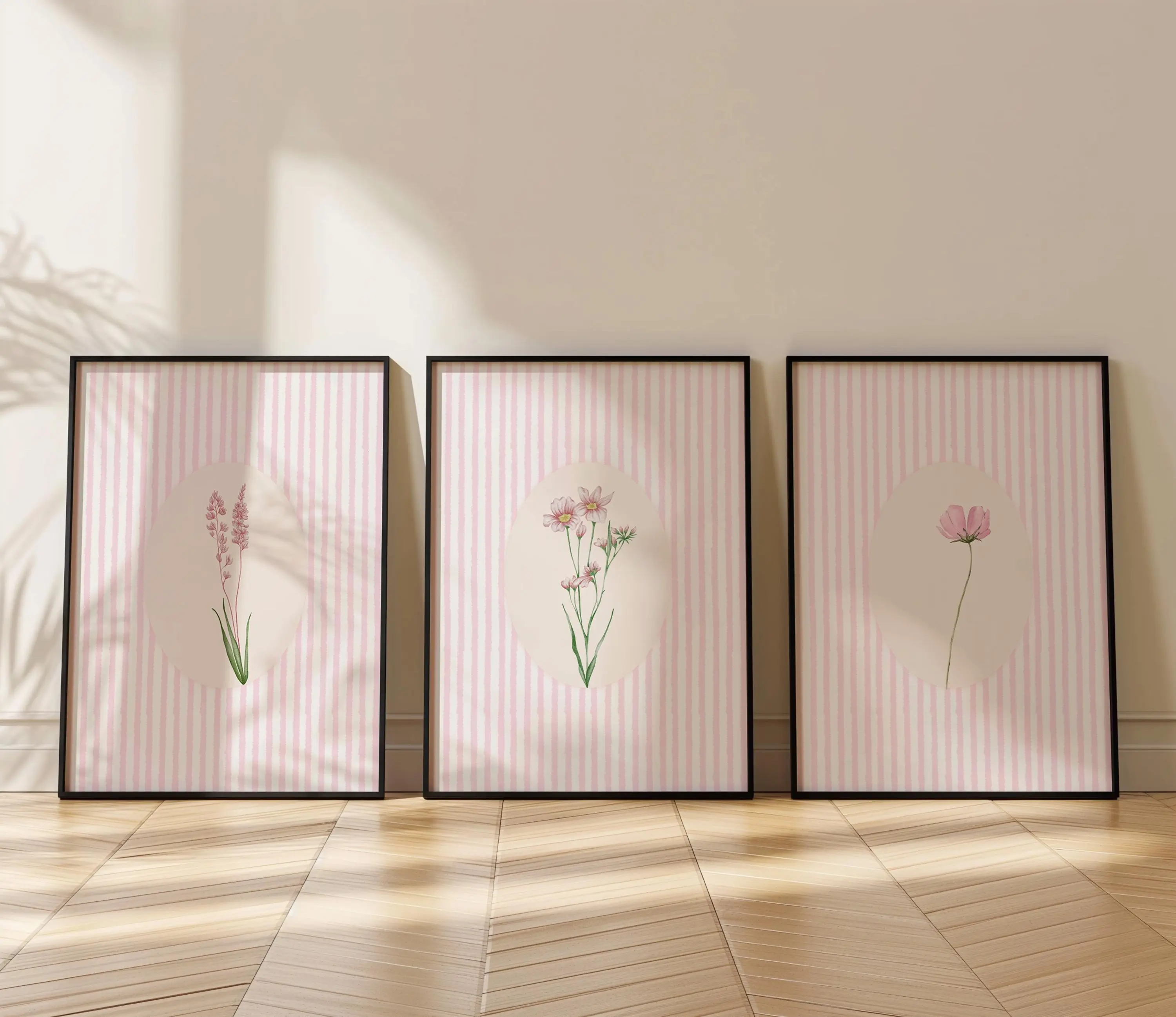 Pink Stripes and Wildflowers Poster Unframed Set of 3 | Vintage Pink Stripes Floral Prints | Watercolor Botanical Art Trio Prints for Home Decor