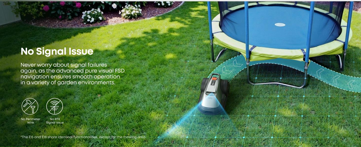eufy Robot Lawn Mower E18, No Wire, No RTK, No Signal Issue, Hands-Free Auto Mapping, Precise Obstacle Avoiding, Reliable Lawn Maintenance, Worry-Free Experience