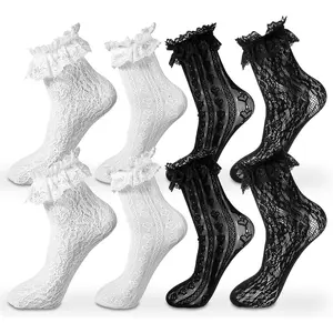 4 Pairs lace ruffle socks Lace Socks for Women Ankle Ruffle,White Black Mesh Coquette Socks Lace Ruffle Socks Lolita Socks Cute Trendy Socks Dress Socks for Girls