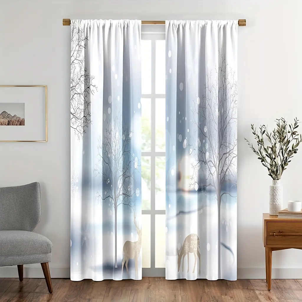 2pcs Polyester Rustic Animal Print Winter Deer Curtains - Christmas Forest Reindeer Snowflake Drapes, Soft Farmhouse Window Treatments, Hanging Drapes for Living Room, Bedroom, Animals