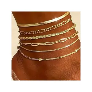 6-Piece Waterproof Women's Ankle Bracelet Layered Cuban Chain Herringbone Cute Ankle Set Summer Beach Jewelry For Women, Teenagers And Girls Gifts