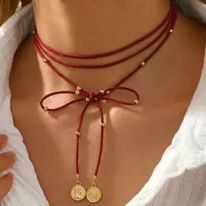 Vintage Red Velvet Bowknot Choker Necklace for Women Elegant Weave Knotted Bowknot Long Rope Layered Chain Y2K Sexy Jewelry Gift