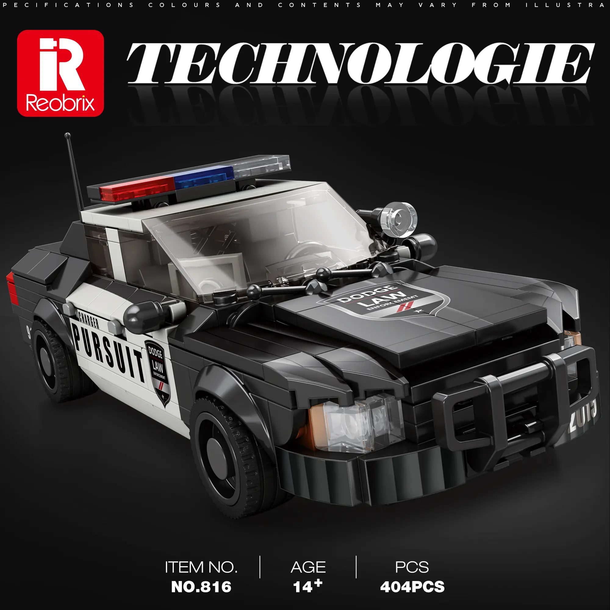 Reobrix Police Car Construction Model - 404PCS Brick Kit, Stacking Bricks Toy Gift for Budget Enthusiasts, Kids Ages 6+, 6-8 Years