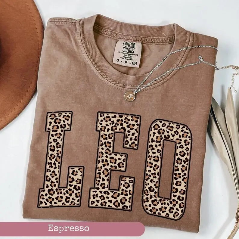 Comfort Colors Leo Zodiac Leopard Print Shirt, Astrology Graphic Tee Women, Horoscope Birthday Gift Idea, Aesthetic Comfort Colors Oversized Top