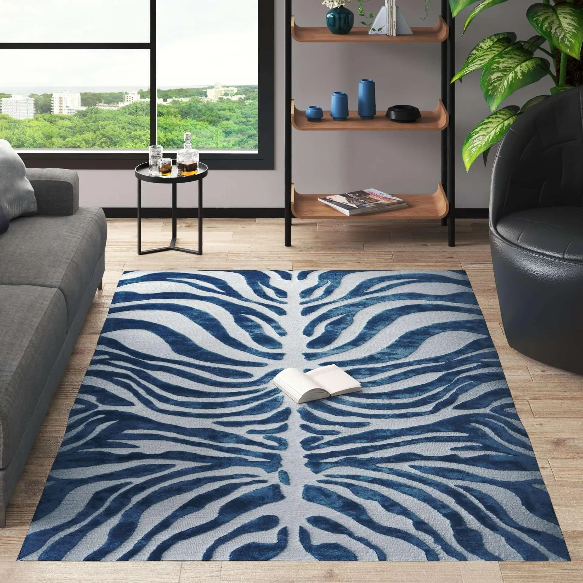 Canvello Bamboo Silk Rug, New Apartment Gift, Floorcloth, TIGER Printed Rug, Minimalist Blue And White Panther Style Transitional WOOL RUG 5X8 ft