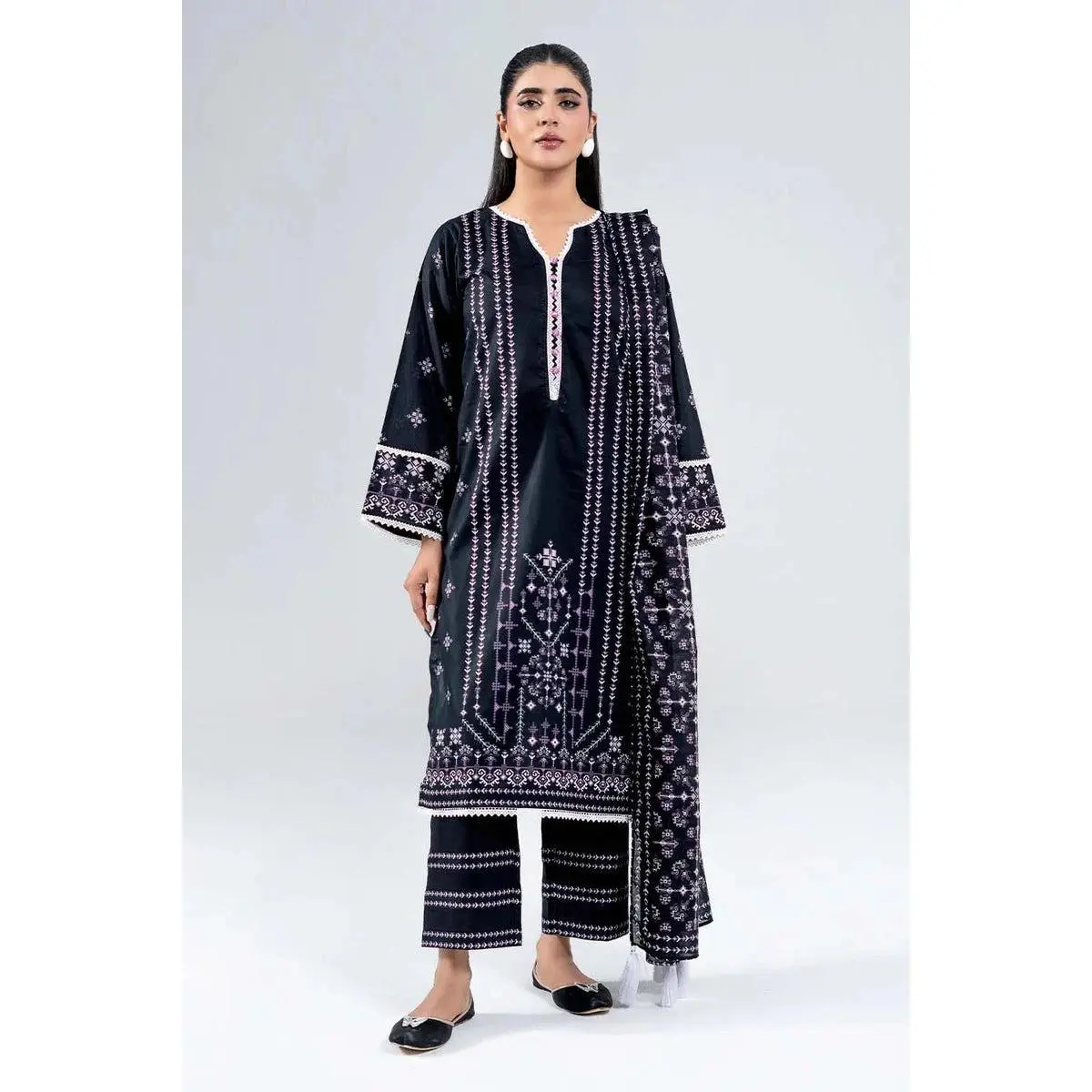 Women's 3-Piece Printed Lawn Suit Set - Blue Charcoal Stitched Shirt, Trouser & Dupatta, All-Day Wear, Breathable Fit, Casual, Chic, Elegant Women's Clothing Set, Fashion