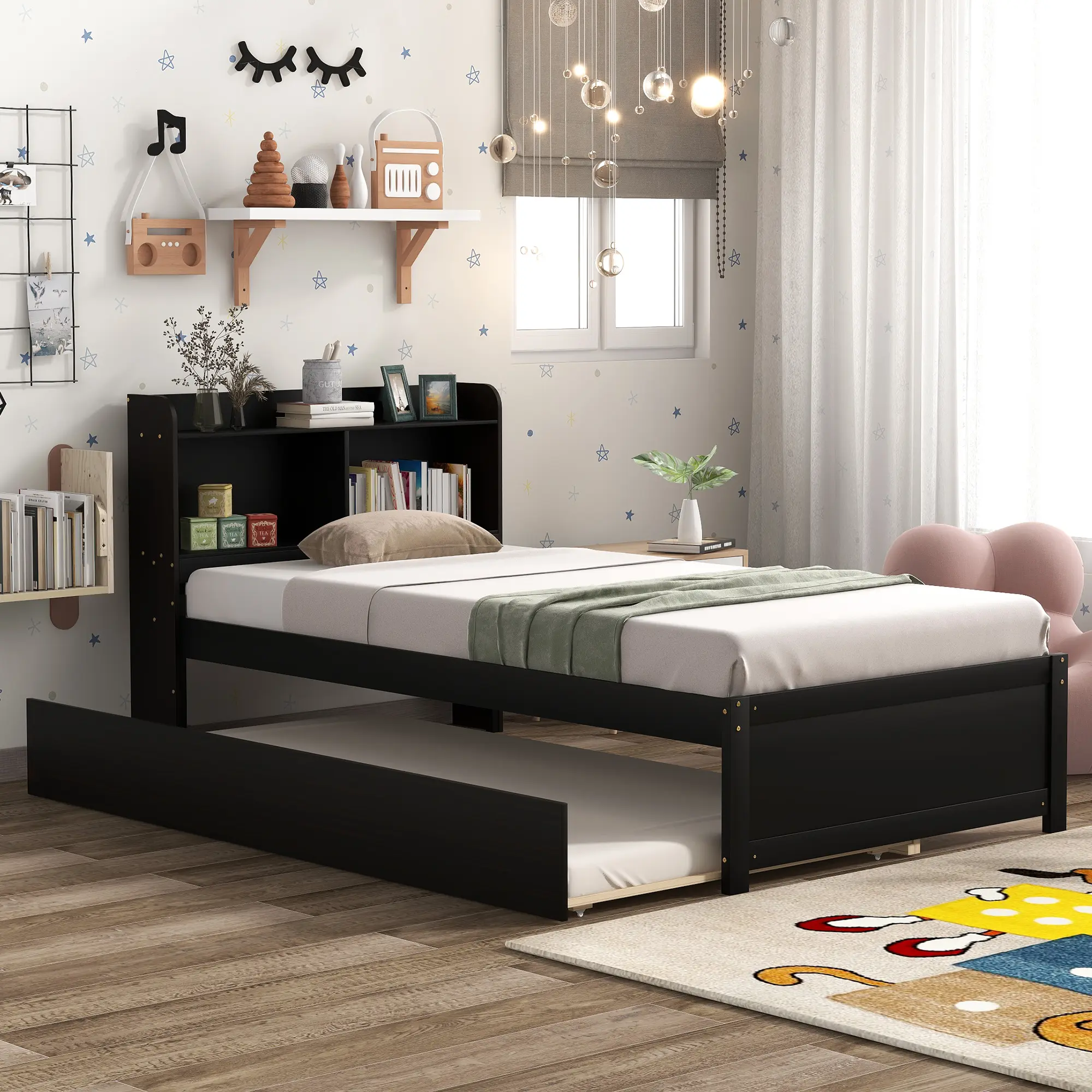 Dreamzon Furniture Twin Daybed with Trundle - Pine Wood Indoor Bed Frame, Pull Out Bed, Built-In Compartments, Easy Setup, Espresso Finish, Single Person Use