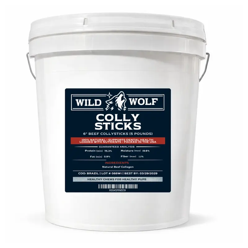 6" Beef CollyStick Bucket by Wild Wolf (5lbs./~85-95 Sticks) 100% Natural Dog Chew Treats - Single-ingredient - Loaded with Nutrients - No Additives or Unhealthy Chemicals - Stick Count Varies by Weight