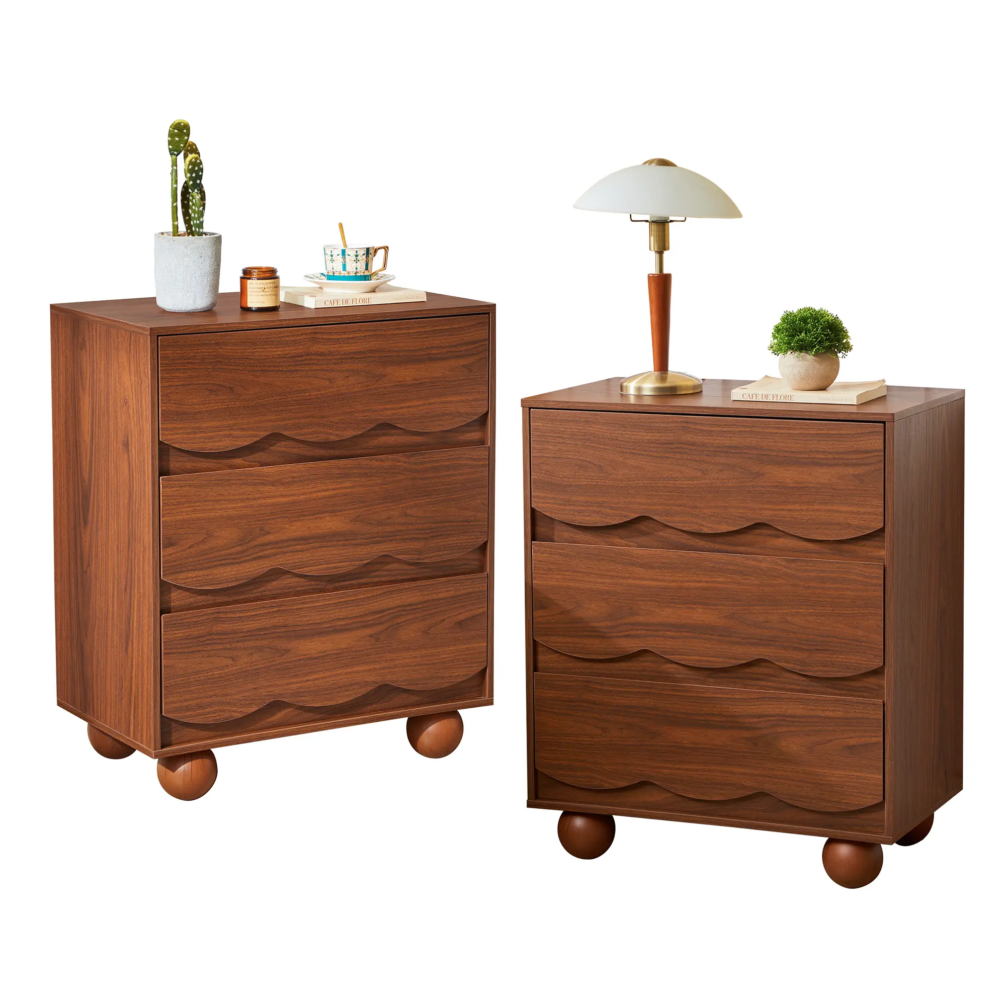 Giratree Scalloped 3 Drawer Nightstand, Bedside Table for Bedroom | Mid-Century Modern Side Table with Ball Feet, Cute Storage Couch End Table for Living Room,Dorm, Easy Assembly
