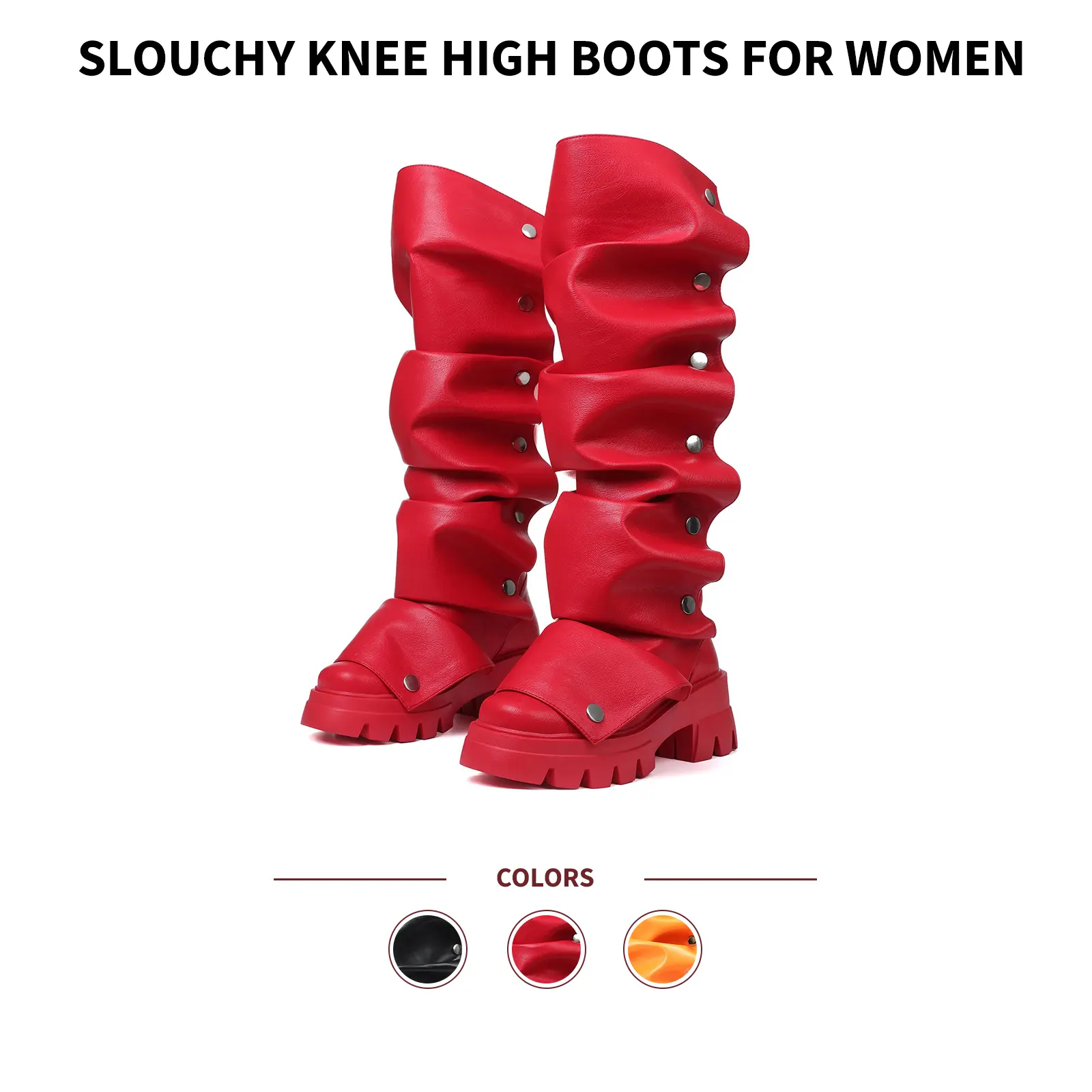 Knee High Boots For Women Slouchy Round Toe Chunky Platform Sole Pull On Wide Calf  Snap Studs Ruched Fashion Comfortable Stylish Party Dress Date Casual Outdoor Concert Nightout Street Fold Over Booties Shoes