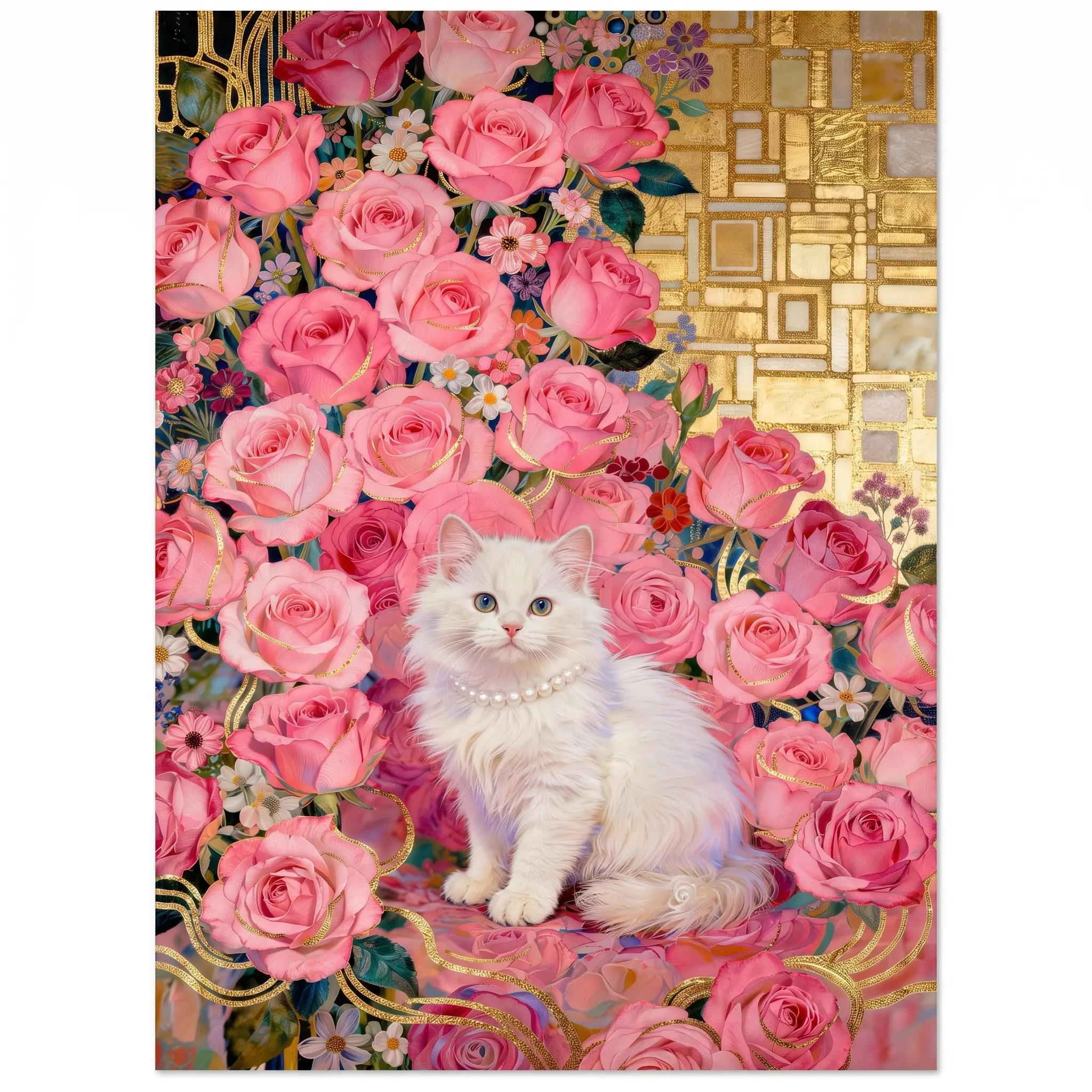 1000 Piece Cat Jigsaw Puzzle Gift for Adults, Cute White Kitten with Pink Roses, Floral Puzzle for Women, Birthday Christmas Mother's Day Gifts for Cat Lovers