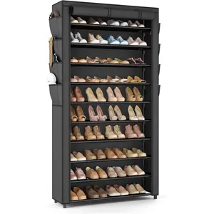 Tall Shoe Rack with Cover, 10 Tier Shoe Organizer Storage for 50-55 Pairs Shoes and Boots Large Capacity Shoe Shelf with 8 Pockets Free Standing Shoe Rack for Closet, Entryway, Garage
