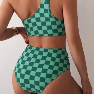 Women’s One Shoulder High Waisted Bikini Set – Green Checkered Asymmetrical Swimsuit Tummy Control Bathing-W1 Suit-K1
