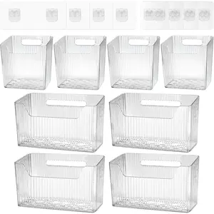 8 Pcs Storage Organizer Bins - Wall Mounted Basket in 2 Sizes, Clear Cabinet Door Stackable Adhesive Hanging Bin for Bathroom, Kitchen, Pantry