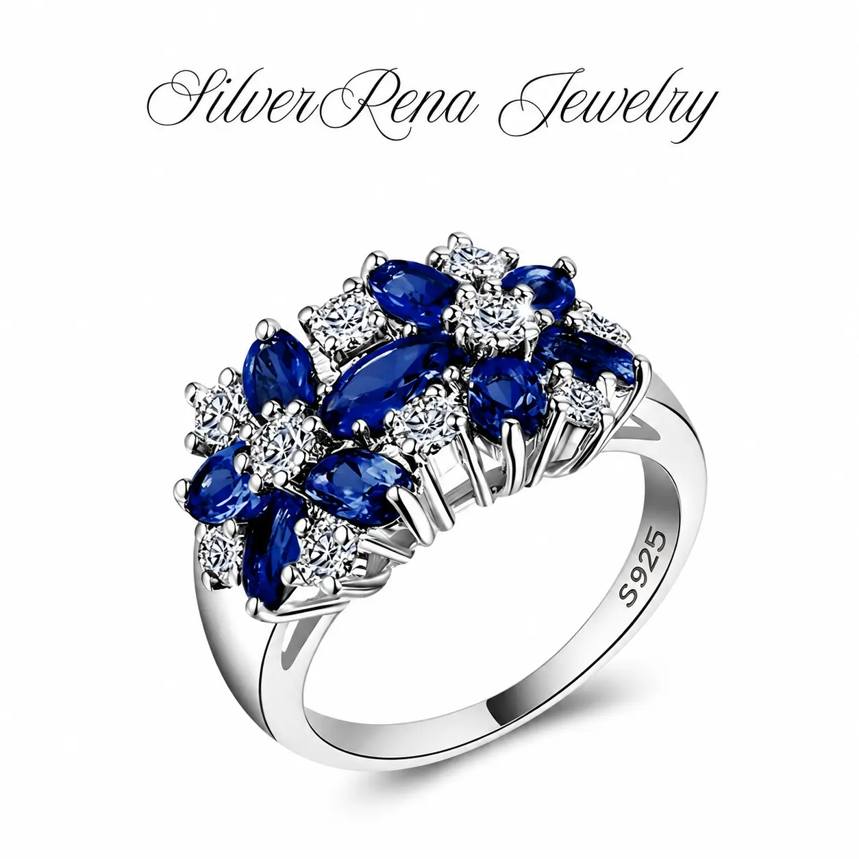S925 Sterling Silver Cluster Ring for Women with a Synthetic Sapphire and 5A Blue Cubic Zircon, Classic Women's Fashion Jewelry for Daily Wear and Parties, Girl, Female, Party Wear