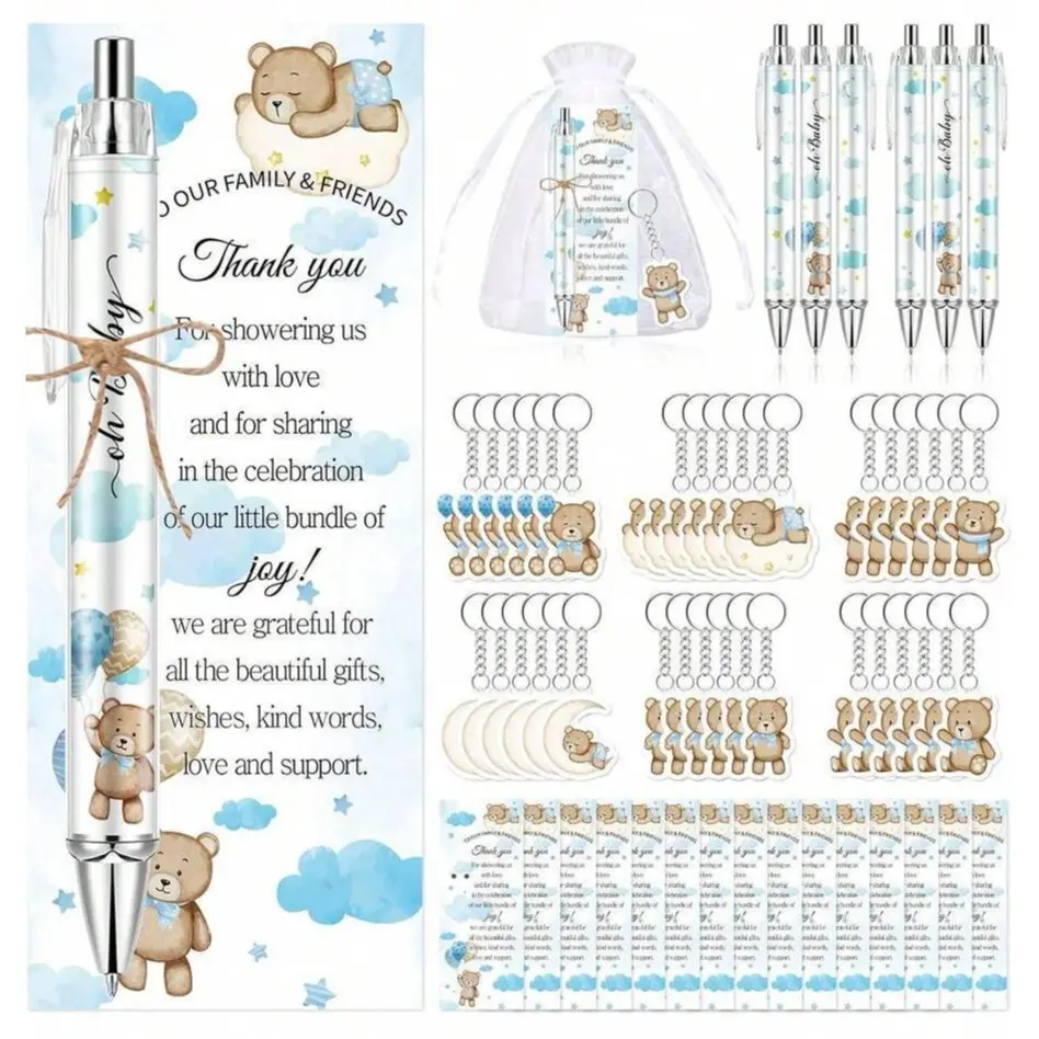 97Pcs Wildflower Baby Shower Favors for Guest Wild Animal,Blue Bear,Butterfly Ballpoint Pens Retractable Keychains Greeting Bookmarks Organza Bags Gender Reveal Party Souvenirs Prizes Back to School Gifts Students Teacher # keychain set event supply charm